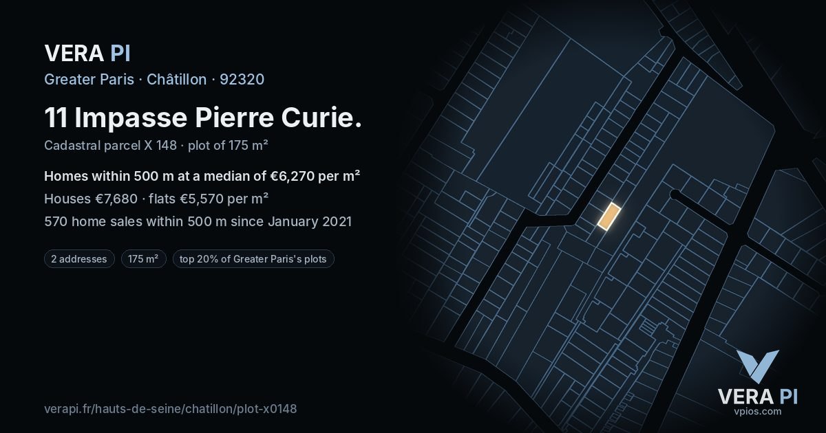 11 Impasse Pierre Curie, Châtillon at night – the plot lit, the parcels around coloured by the prices near them
