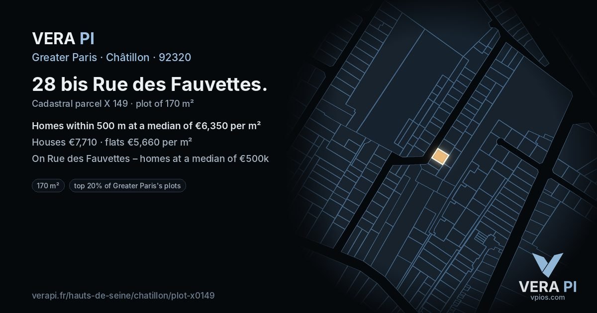 28 bis Rue des Fauvettes, Châtillon at night – the plot lit, the parcels around coloured by the prices near them