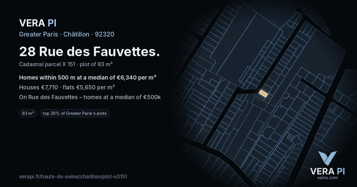 28 Rue des Fauvettes, Châtillon at night – the plot lit, the parcels around coloured by the prices near them