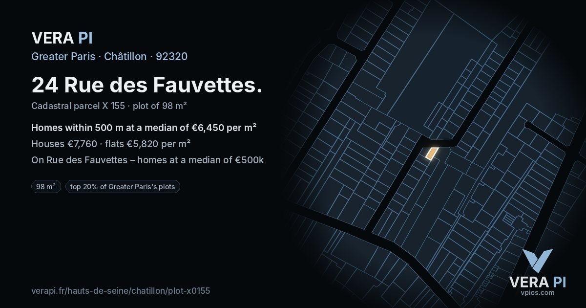 24 Rue des Fauvettes, Châtillon at night – the plot lit, the parcels around coloured by the prices near them