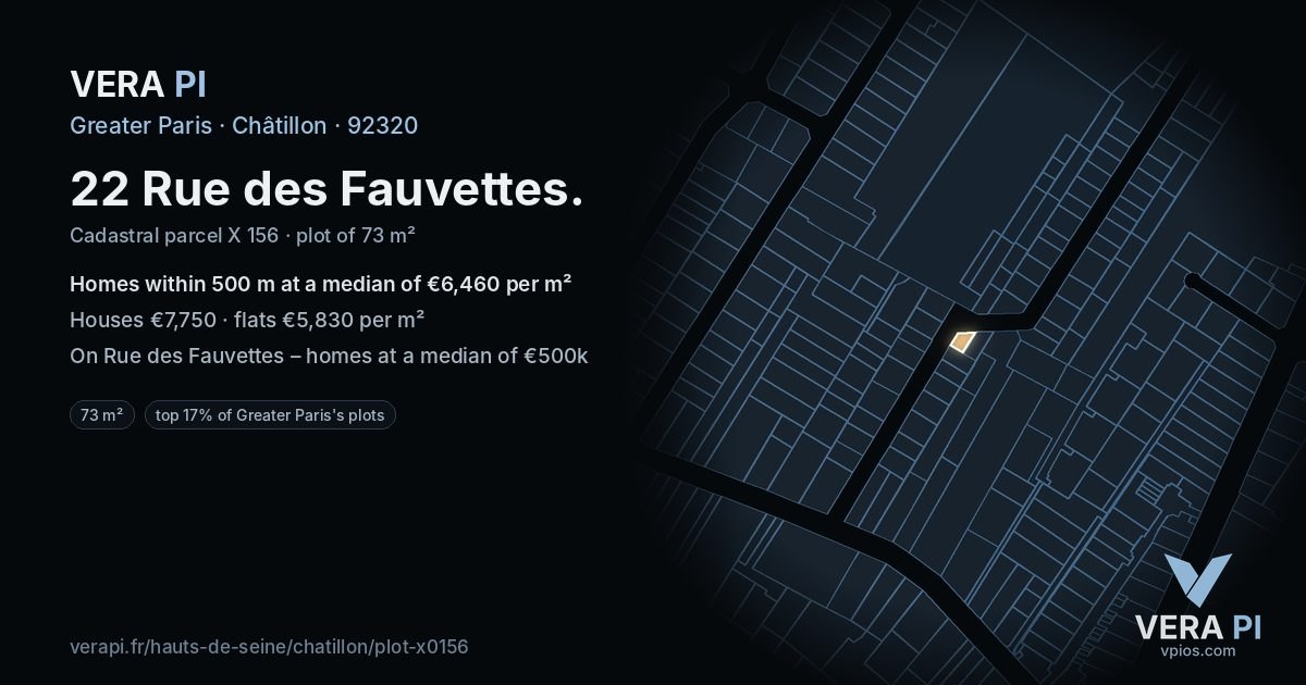 22 Rue des Fauvettes, Châtillon at night – the plot lit, the parcels around coloured by the prices near them