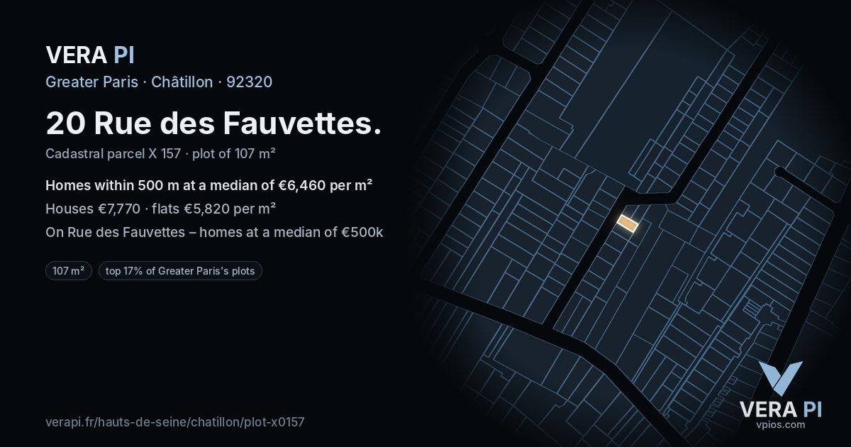 20 Rue des Fauvettes, Châtillon at night – the plot lit, the parcels around coloured by the prices near them