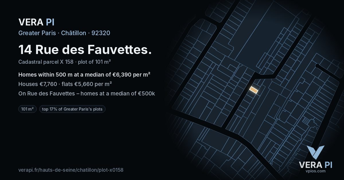 14 Rue des Fauvettes, Châtillon at night – the plot lit, the parcels around coloured by the prices near them