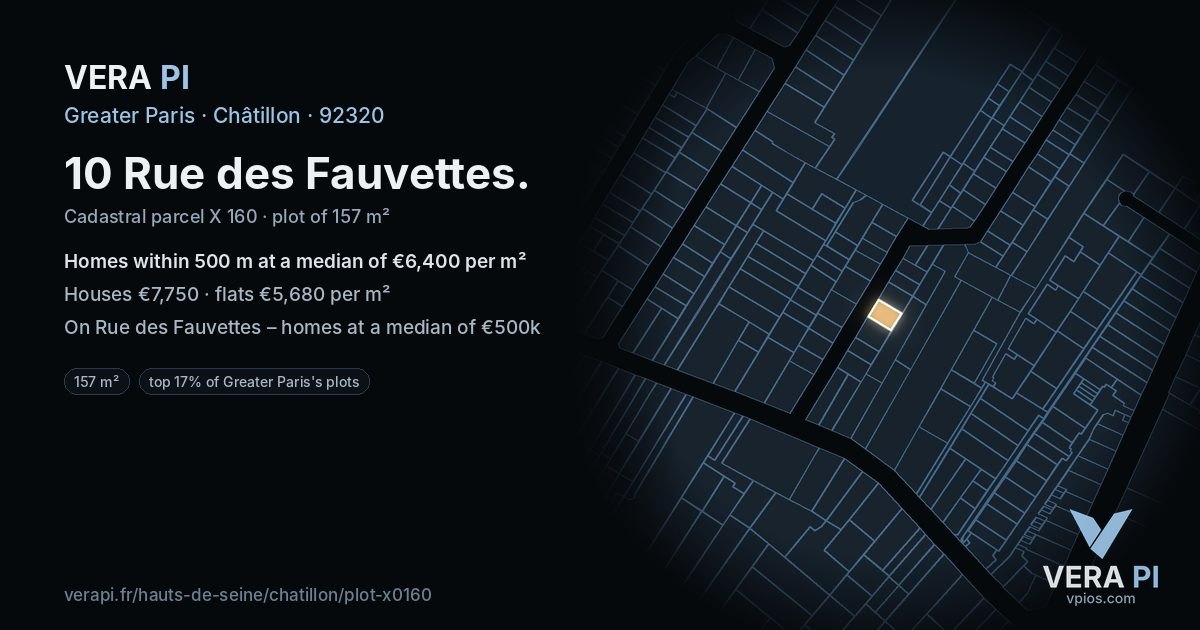 10 Rue des Fauvettes, Châtillon at night – the plot lit, the parcels around coloured by the prices near them
