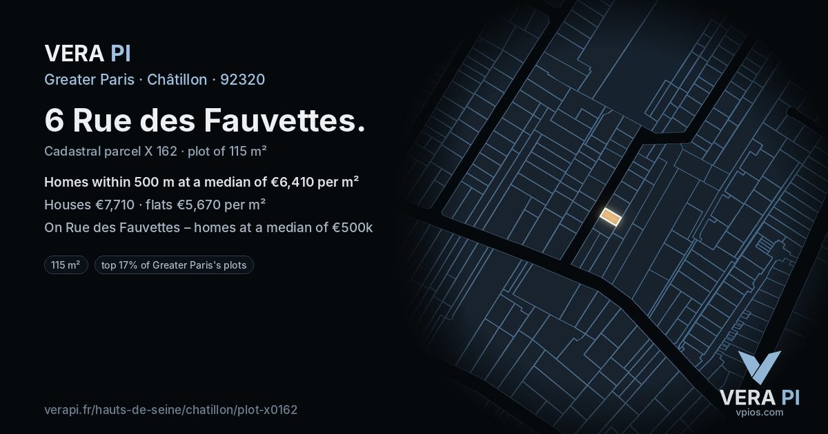 6 Rue des Fauvettes, Châtillon at night – the plot lit, the parcels around coloured by the prices near them