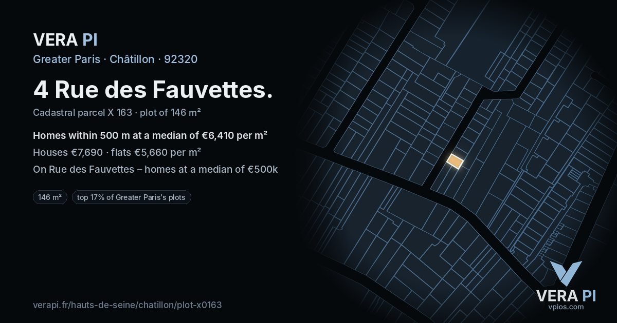 4 Rue des Fauvettes, Châtillon at night – the plot lit, the parcels around coloured by the prices near them