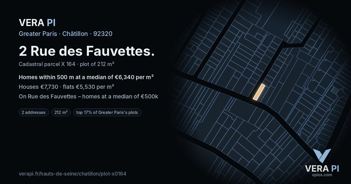2 Rue des Fauvettes, Châtillon at night – the plot lit, the parcels around coloured by the prices near them