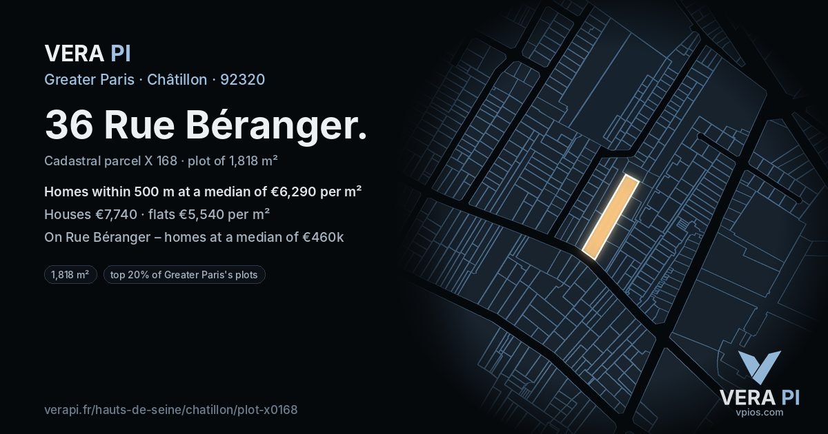 36 Rue Béranger, Châtillon at night – the plot lit, the parcels around coloured by the prices near them