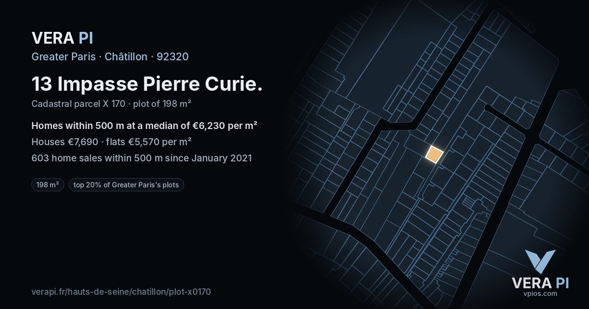 13 Impasse Pierre Curie, Châtillon at night – the plot lit, the parcels around coloured by the prices near them