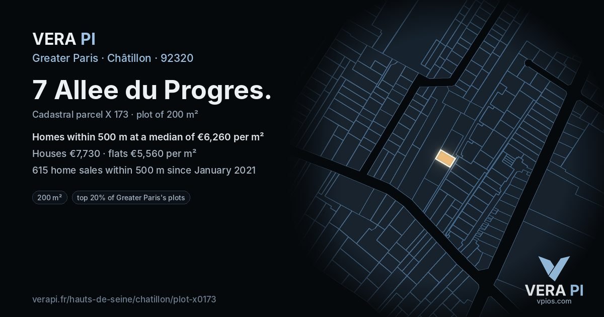 7 Allee du Progres, Châtillon at night – the plot lit, the parcels around coloured by the prices near them