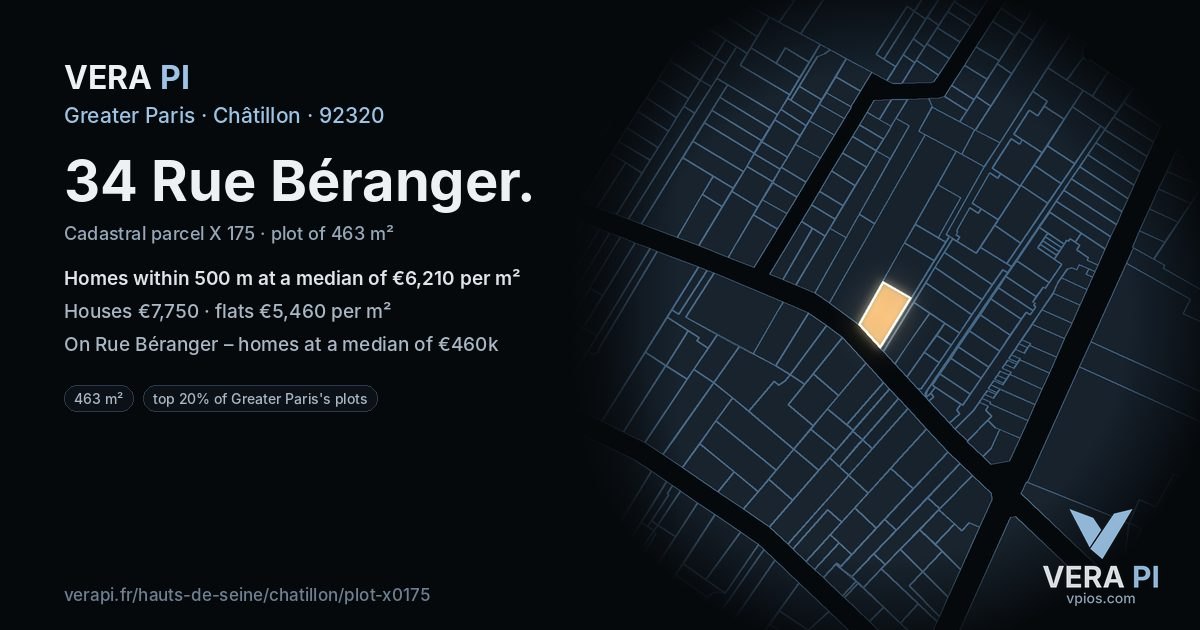 34 Rue Béranger, Châtillon at night – the plot lit, the parcels around coloured by the prices near them