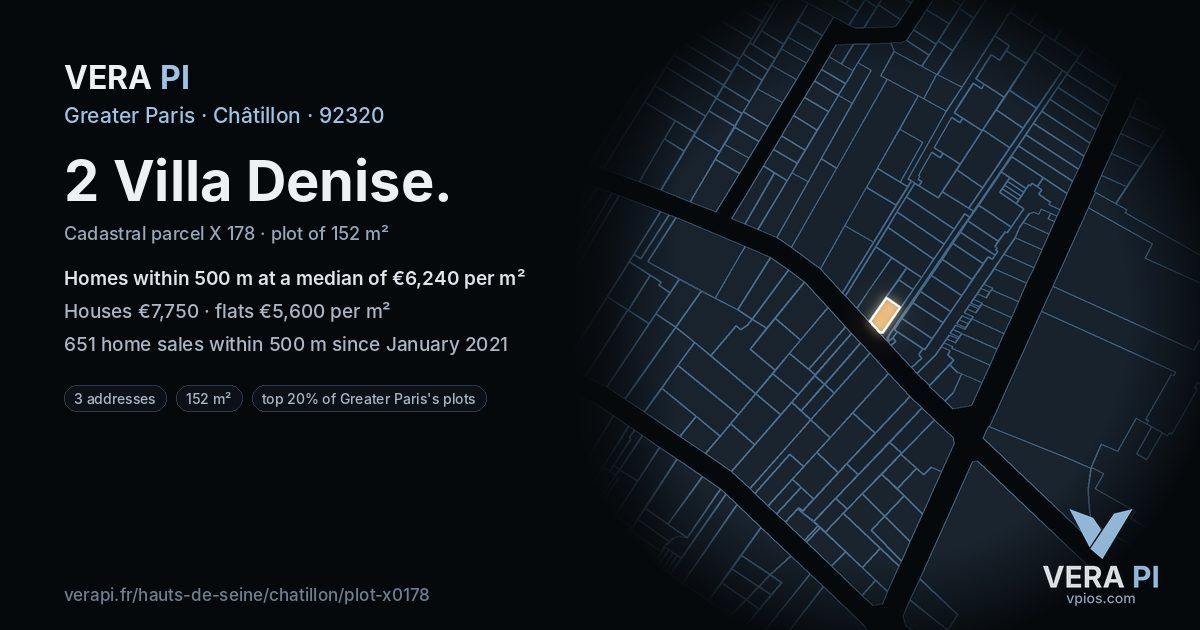 2 Villa Denise, Châtillon at night – the plot lit, the parcels around coloured by the prices near them