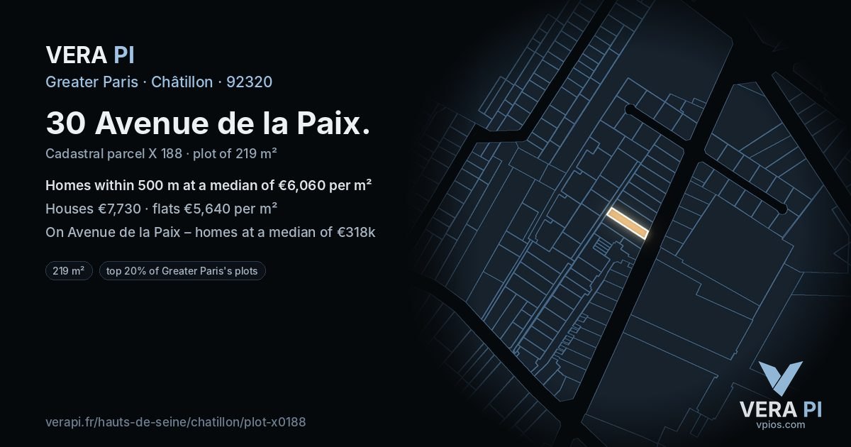 30 Avenue de la Paix, Châtillon at night – the plot lit, the parcels around coloured by the prices near them