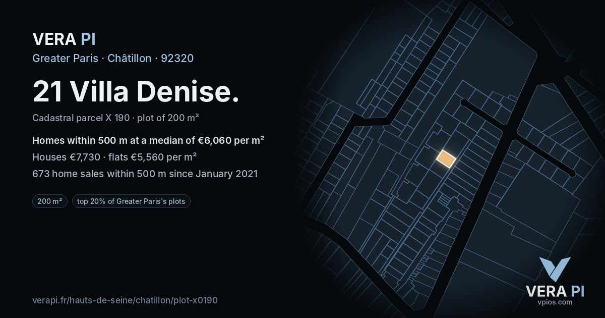 21 Villa Denise, Châtillon at night – the plot lit, the parcels around coloured by the prices near them