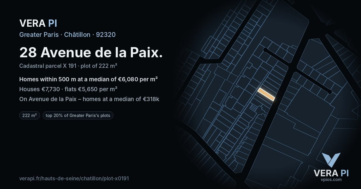 28 Avenue de la Paix, Châtillon at night – the plot lit, the parcels around coloured by the prices near them