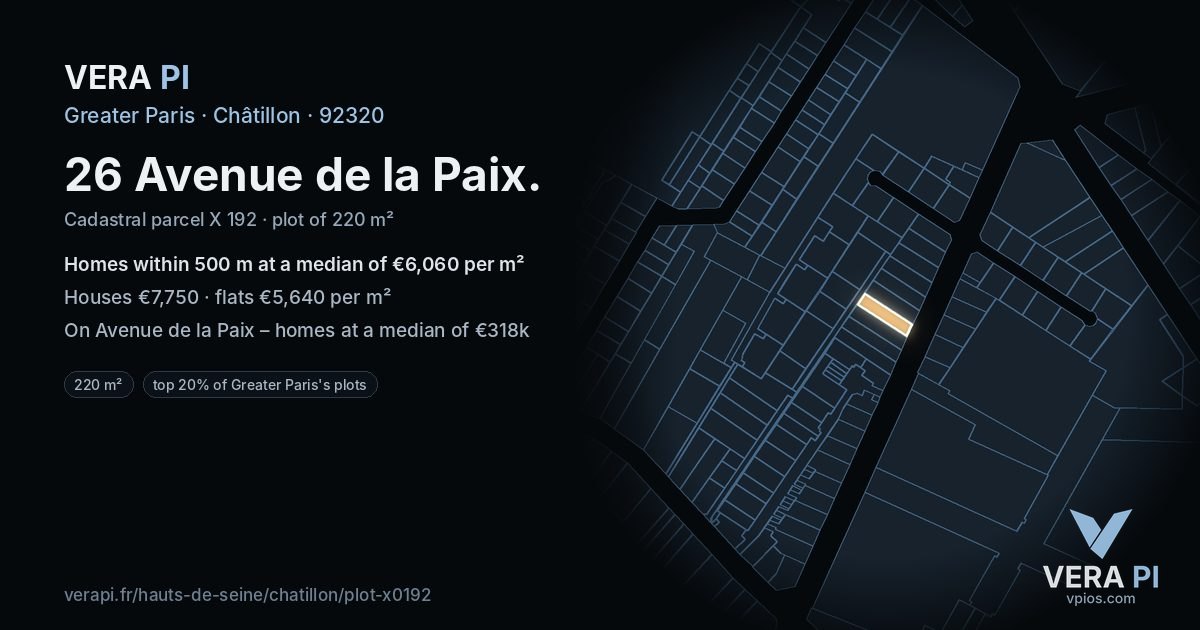 26 Avenue de la Paix, Châtillon at night – the plot lit, the parcels around coloured by the prices near them