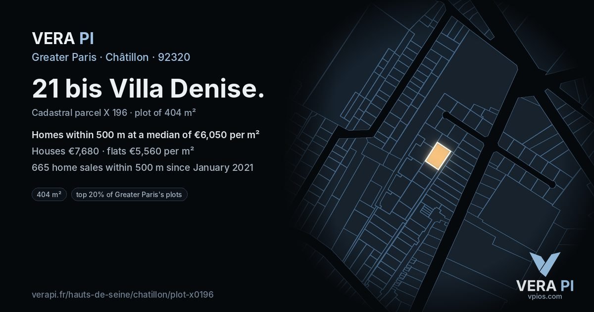 21 bis Villa Denise, Châtillon at night – the plot lit, the parcels around coloured by the prices near them