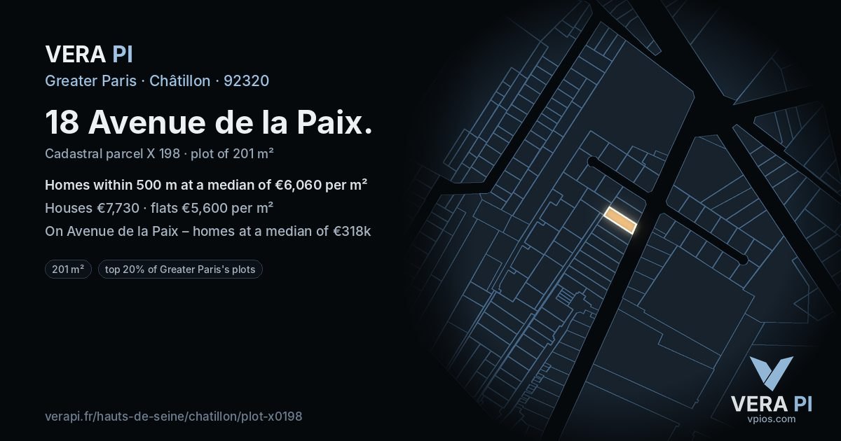 18 Avenue de la Paix, Châtillon at night – the plot lit, the parcels around coloured by the prices near them