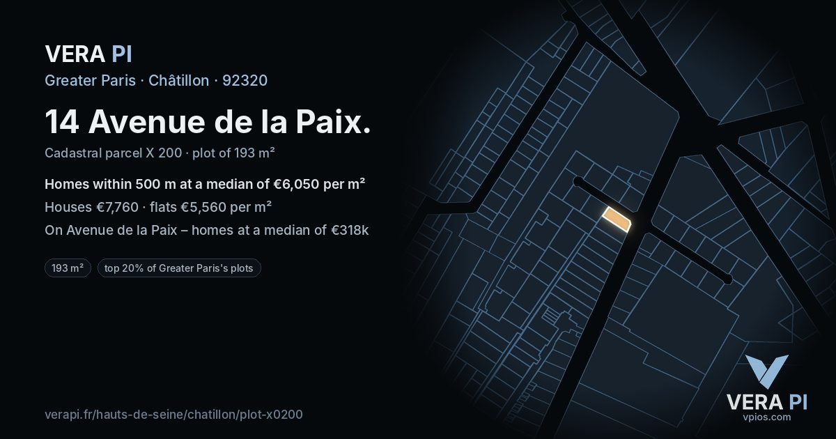 14 Avenue de la Paix, Châtillon at night – the plot lit, the parcels around coloured by the prices near them