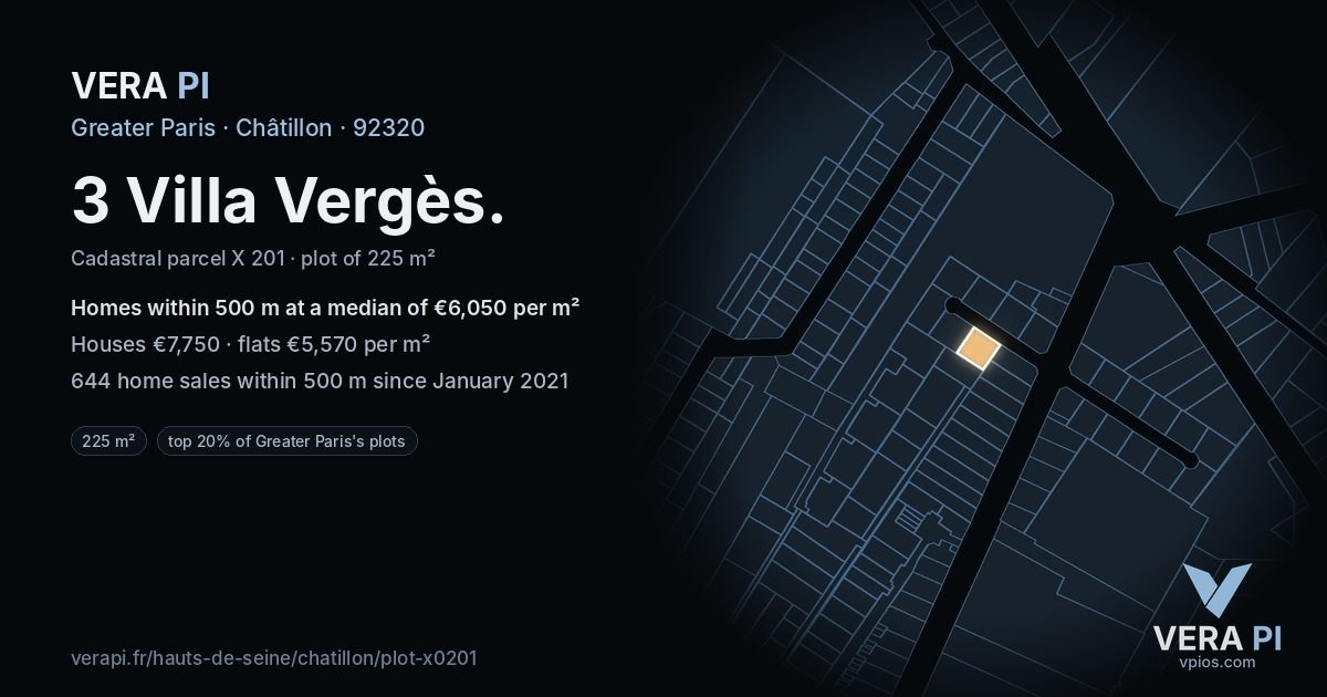 3 Villa Vergès, Châtillon at night – the plot lit, the parcels around coloured by the prices near them