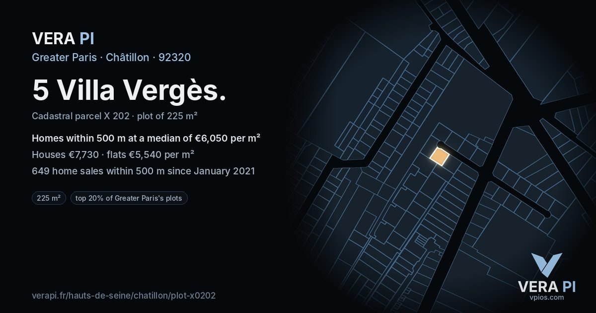5 Villa Vergès, Châtillon at night – the plot lit, the parcels around coloured by the prices near them