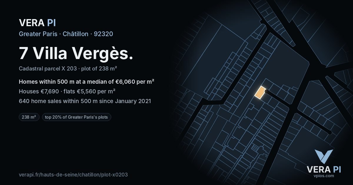 7 Villa Vergès, Châtillon at night – the plot lit, the parcels around coloured by the prices near them