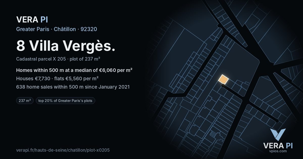 8 Villa Vergès, Châtillon at night – the plot lit, the parcels around coloured by the prices near them