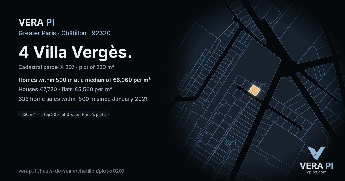 4 Villa Vergès, Châtillon at night – the plot lit, the parcels around coloured by the prices near them