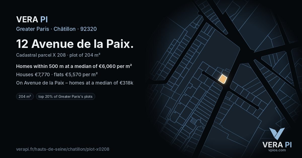 12 Avenue de la Paix, Châtillon at night – the plot lit, the parcels around coloured by the prices near them