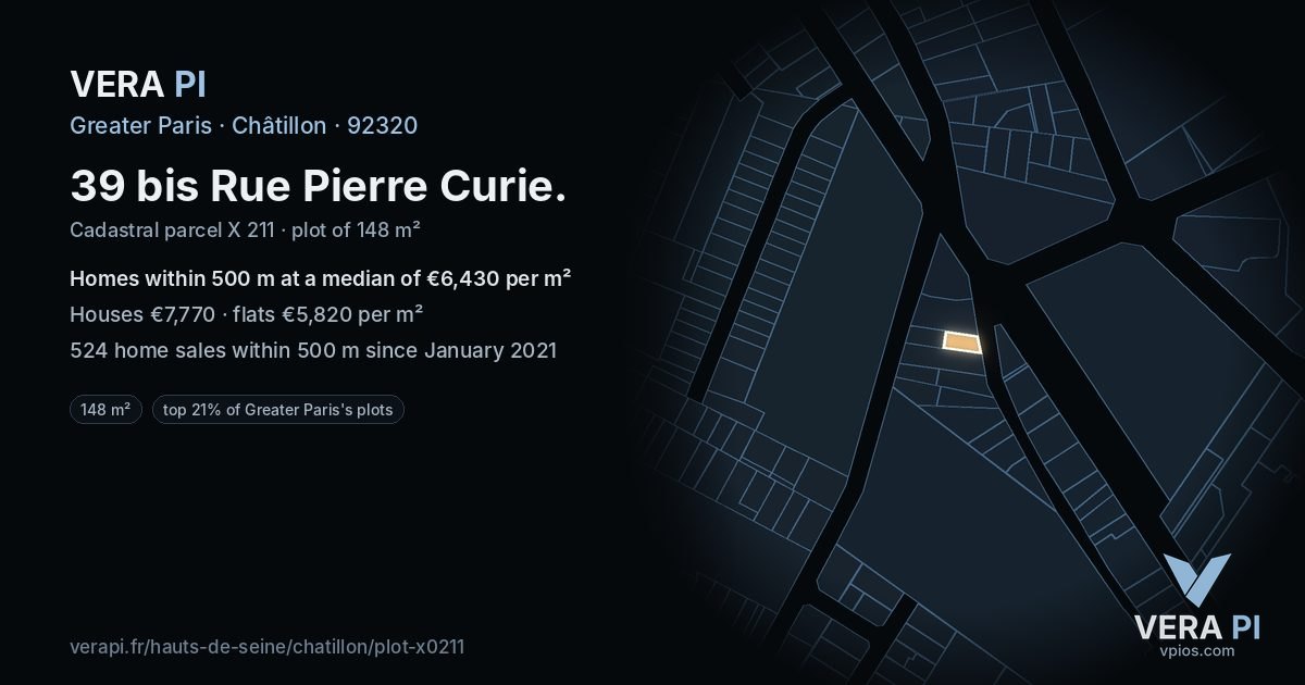 39 bis Rue Pierre Curie, Châtillon at night – the plot lit, the parcels around coloured by the prices near them