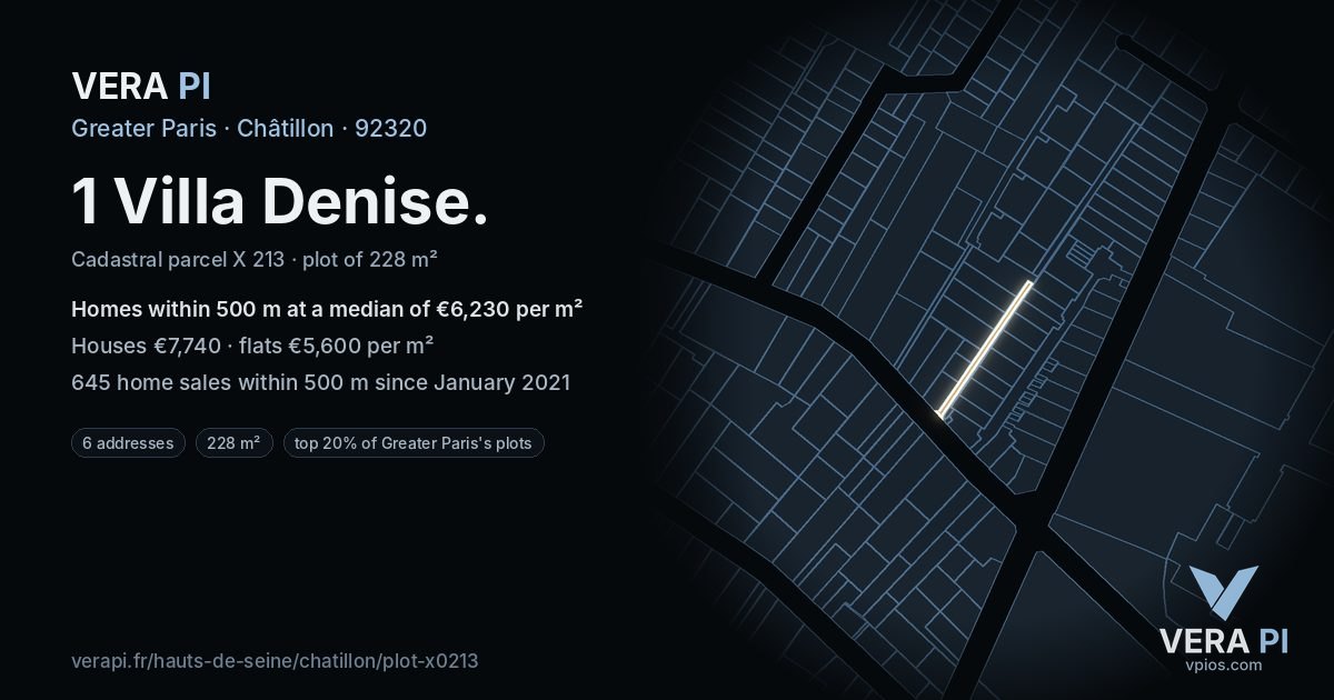 1 Villa Denise, Châtillon at night – the plot lit, the parcels around coloured by the prices near them
