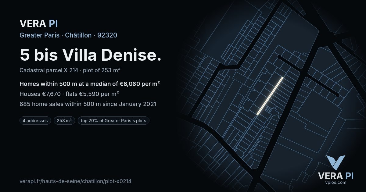 5 bis Villa Denise, Châtillon at night – the plot lit, the parcels around coloured by the prices near them