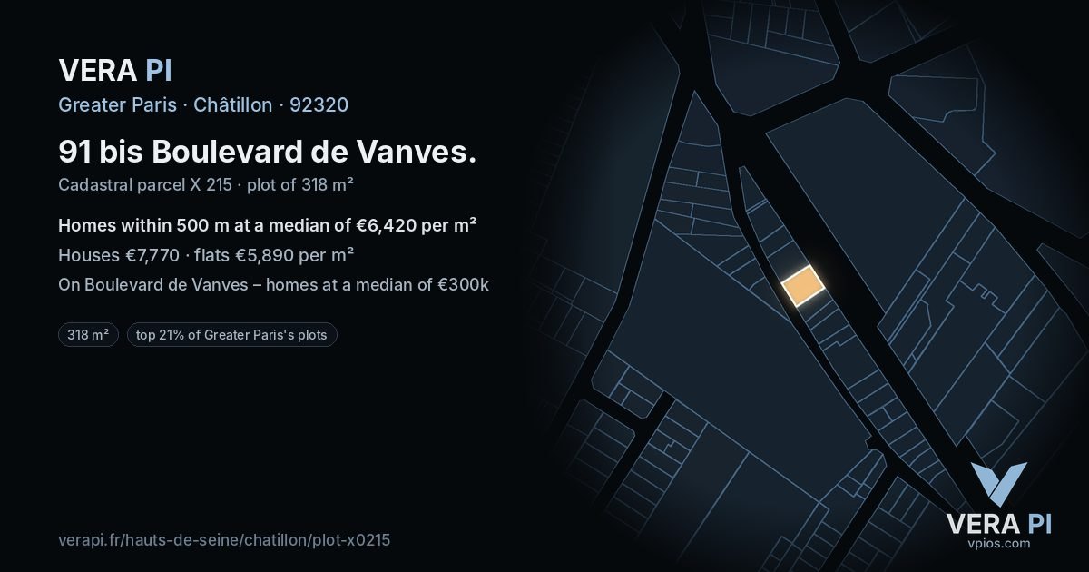 91 bis Boulevard de Vanves, Châtillon at night – the plot lit, the parcels around coloured by the prices near them