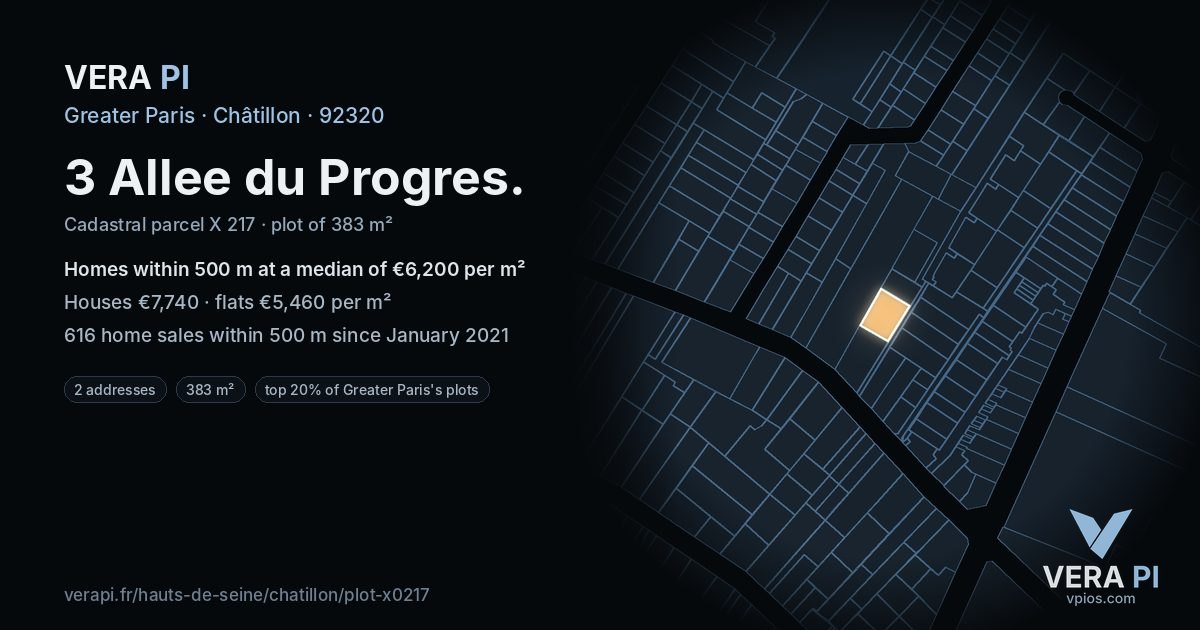 3 Allee du Progres, Châtillon at night – the plot lit, the parcels around coloured by the prices near them