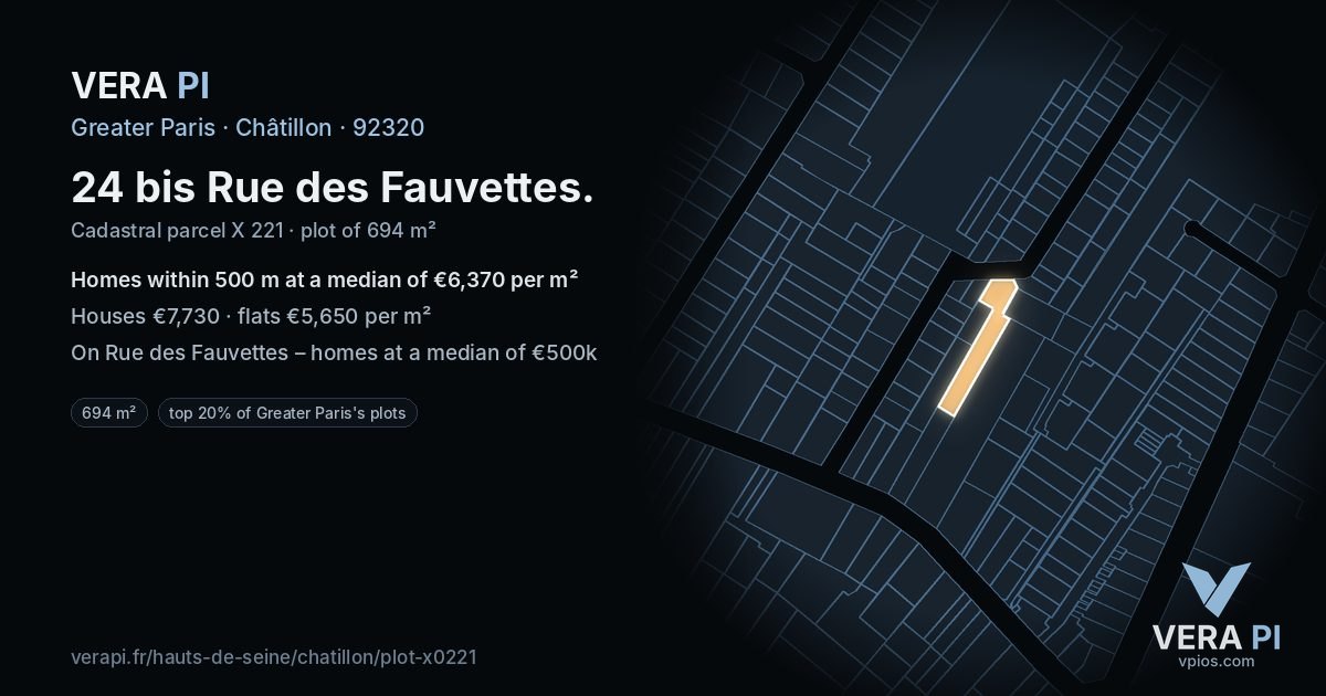 24 bis Rue des Fauvettes, Châtillon at night – the plot lit, the parcels around coloured by the prices near them