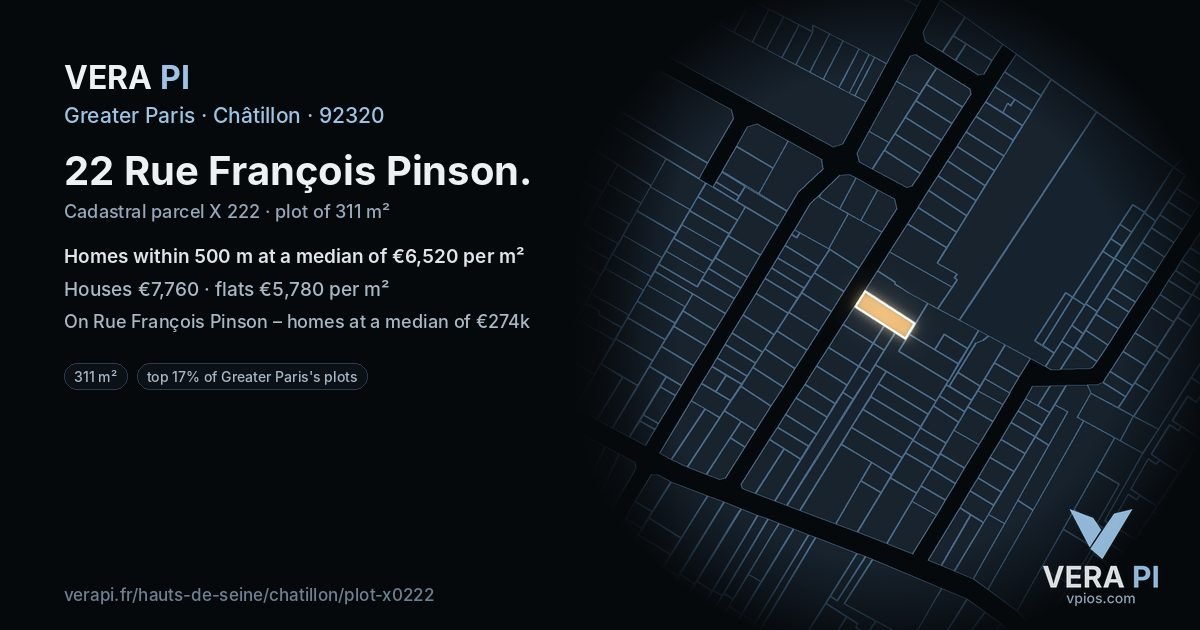 22 Rue François Pinson, Châtillon at night – the plot lit, the parcels around coloured by the prices near them