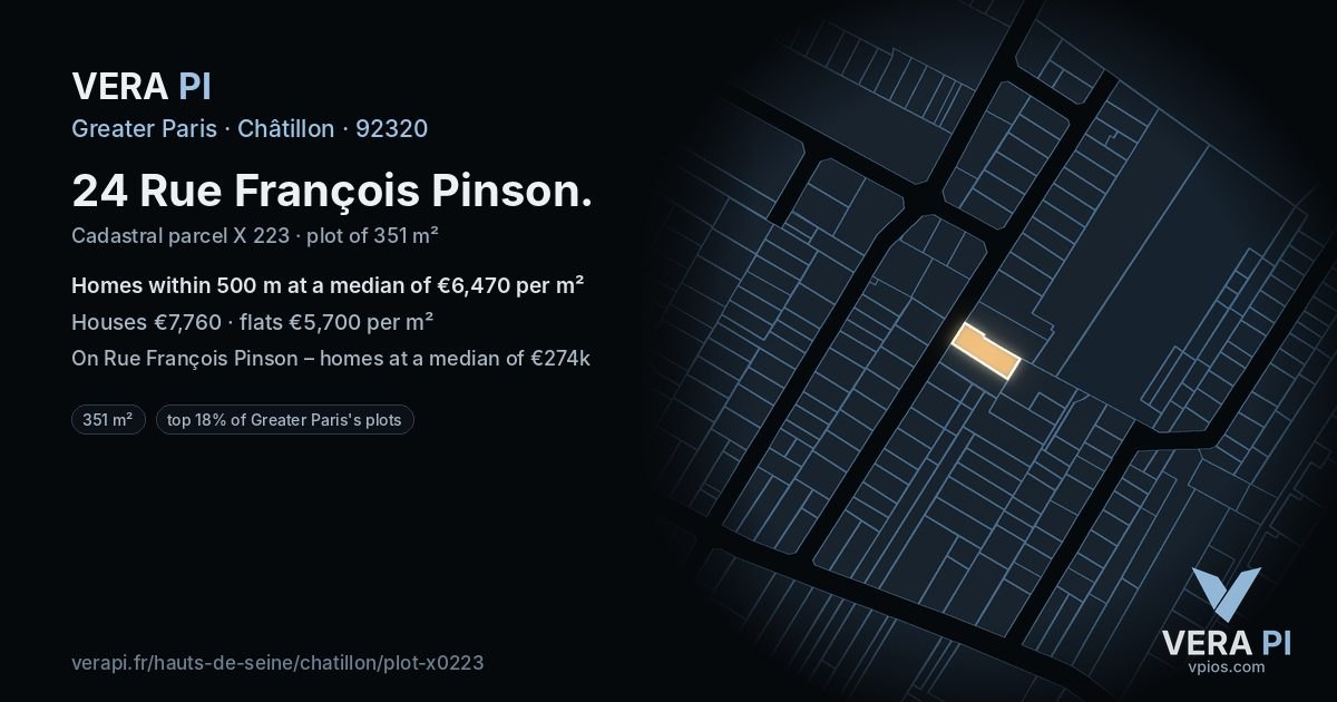 24 Rue François Pinson, Châtillon at night – the plot lit, the parcels around coloured by the prices near them