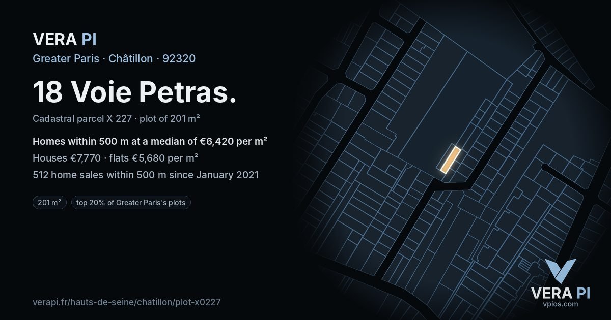 18 Voie Petras, Châtillon at night – the plot lit, the parcels around coloured by the prices near them