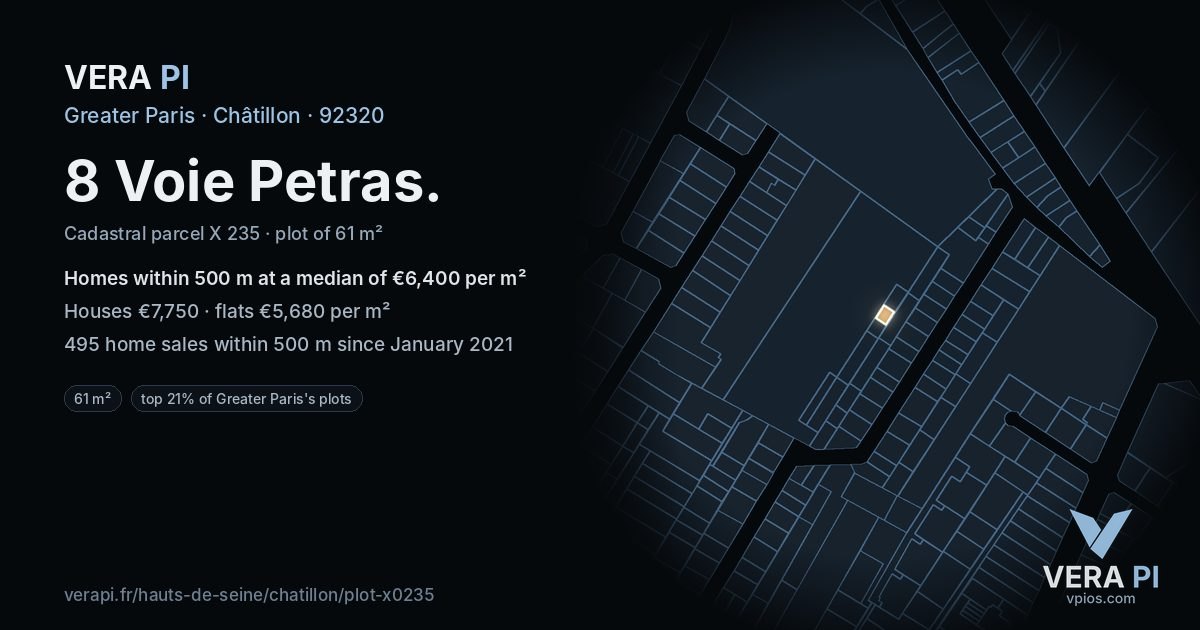 8 Voie Petras, Châtillon at night – the plot lit, the parcels around coloured by the prices near them