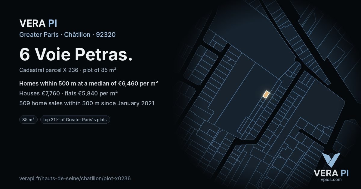 6 Voie Petras, Châtillon at night – the plot lit, the parcels around coloured by the prices near them