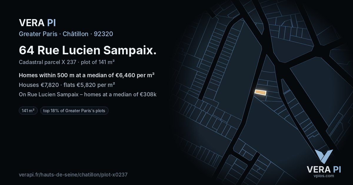 64 Rue Lucien Sampaix, Châtillon at night – the plot lit, the parcels around coloured by the prices near them