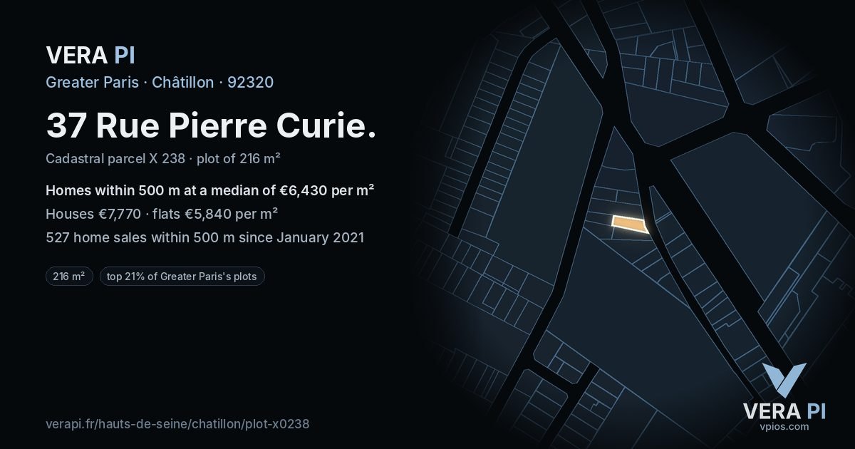 37 Rue Pierre Curie, Châtillon at night – the plot lit, the parcels around coloured by the prices near them
