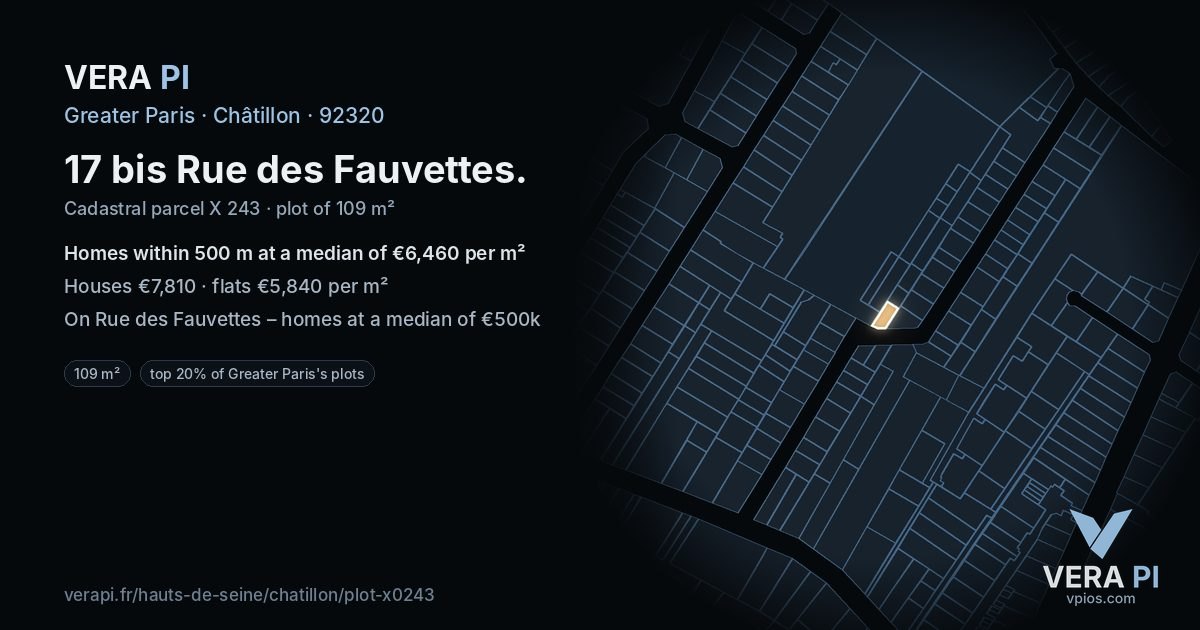 17 bis Rue des Fauvettes, Châtillon at night – the plot lit, the parcels around coloured by the prices near them