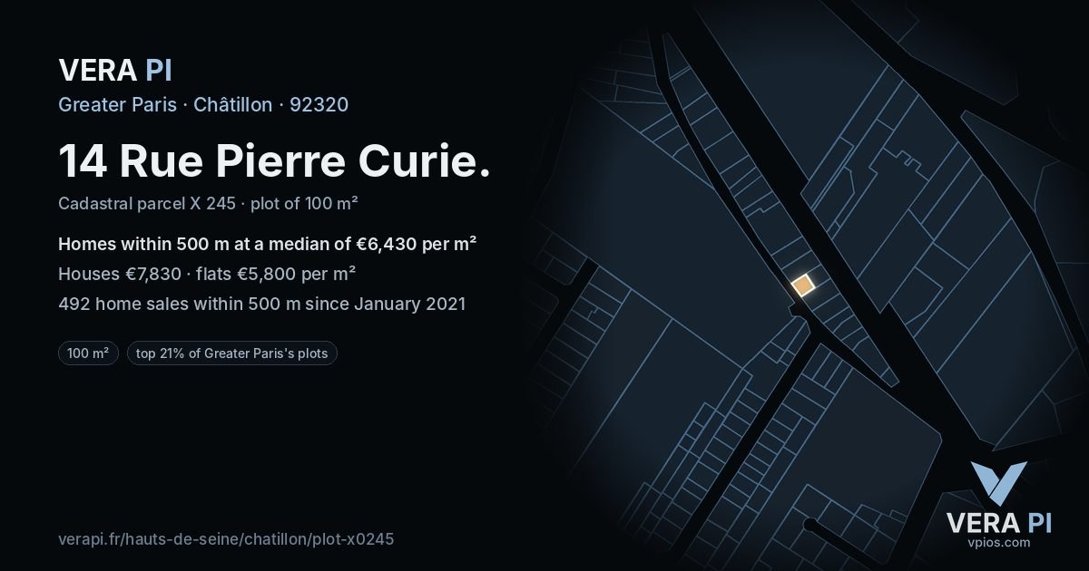 14 Rue Pierre Curie, Châtillon at night – the plot lit, the parcels around coloured by the prices near them