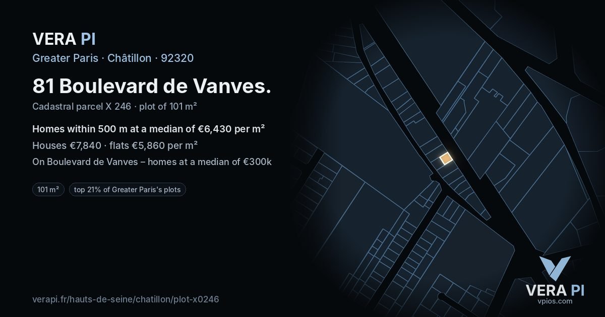 81 Boulevard de Vanves, Châtillon at night – the plot lit, the parcels around coloured by the prices near them
