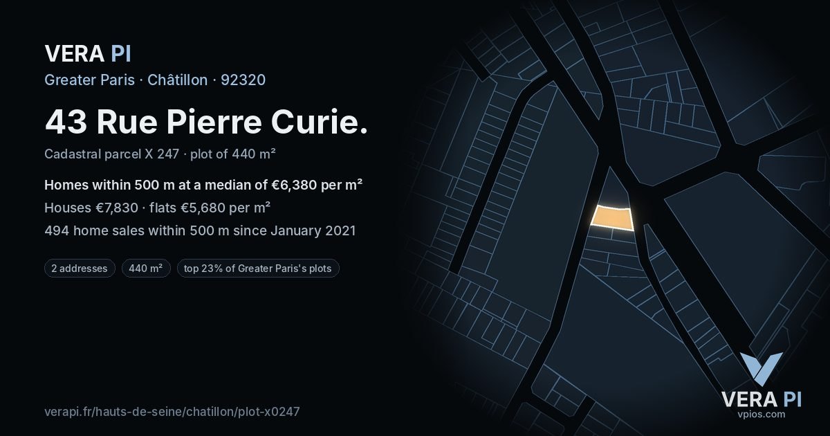 43 Rue Pierre Curie, Châtillon at night – the plot lit, the parcels around coloured by the prices near them