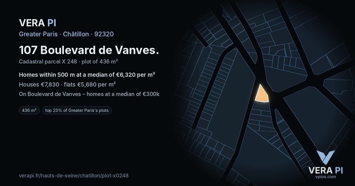 107 Boulevard de Vanves, Châtillon at night – the plot lit, the parcels around coloured by the prices near them