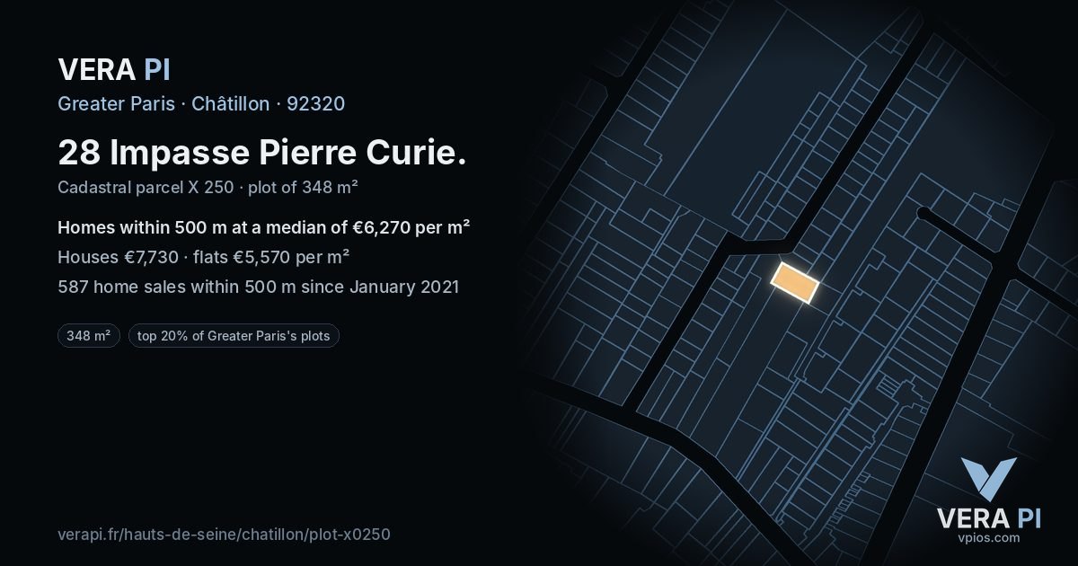 28 Impasse Pierre Curie, Châtillon at night – the plot lit, the parcels around coloured by the prices near them