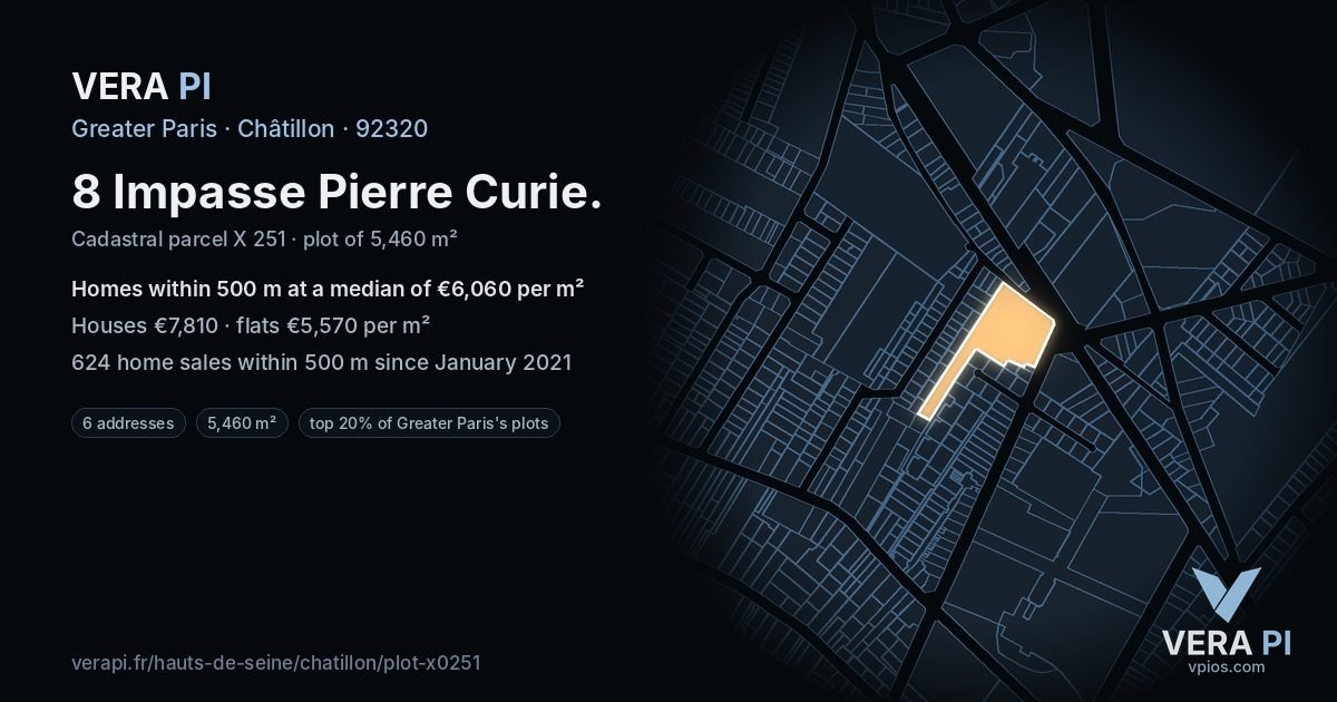 8 Impasse Pierre Curie, Châtillon at night – the plot lit, the parcels around coloured by the prices near them