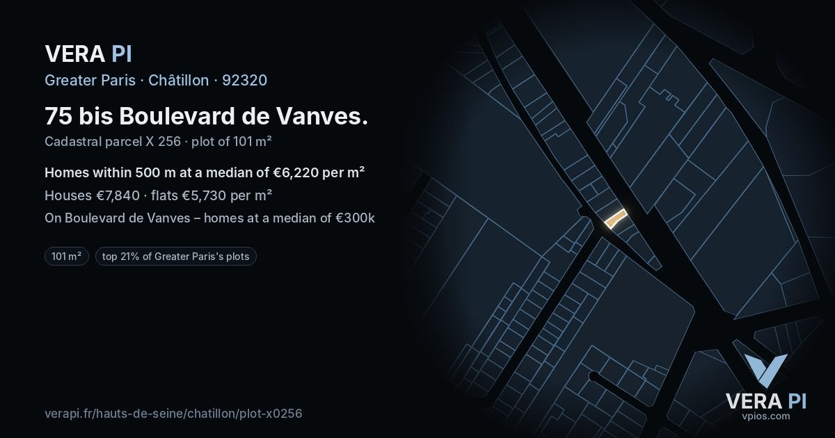 75 bis Boulevard de Vanves, Châtillon at night – the plot lit, the parcels around coloured by the prices near them